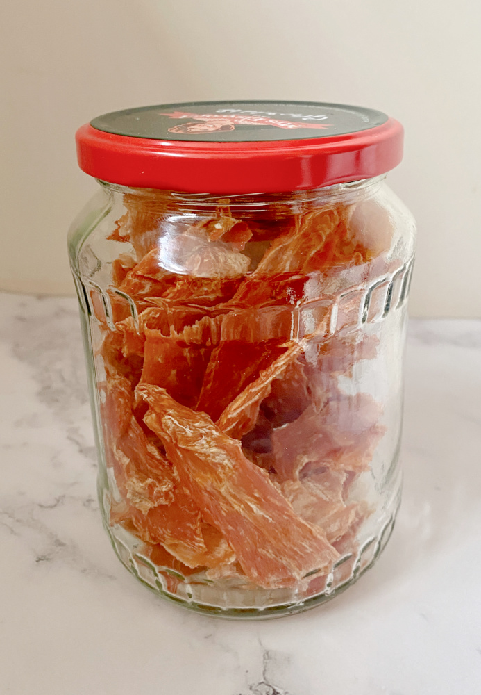 a jar of dehydrated chicken jerky