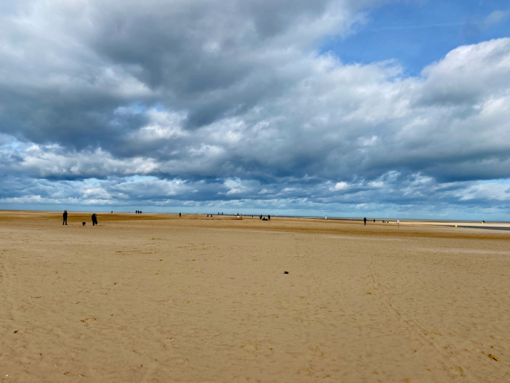 vast sandy beach with grey clouds in a blue sky