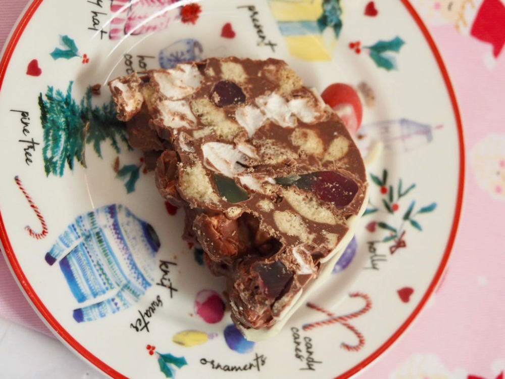 slice of rocky road wreath laying flat on a small plate