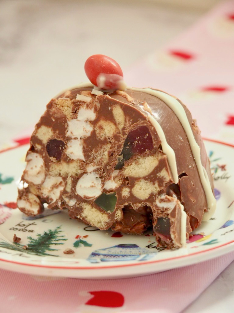 slice of rocky road wreath on a plate with a red m and m on the top