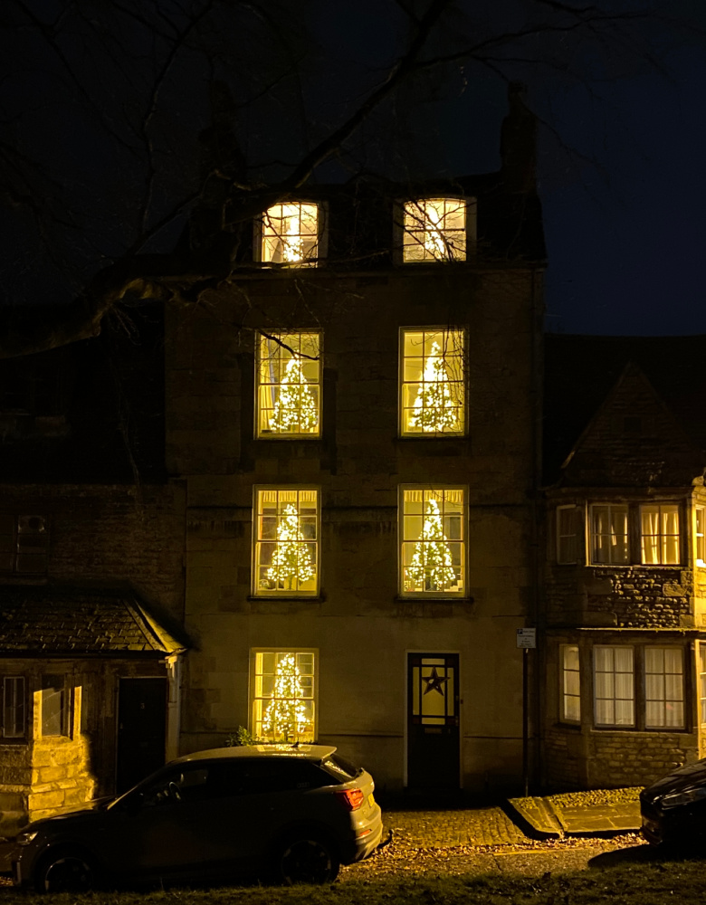 a four storey house with 2 windows on the 1st, 2nd and 3rd floor with 1 window on the ground floor. It is dark outside and in every window there is a Christmas tree that is lit up
